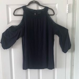 Navy Blue Lace Accent Cold Shoulder Top